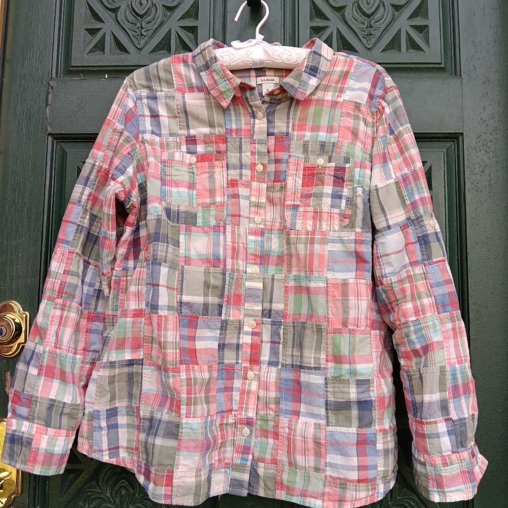 L.L. Bean Women's Patchwork Plaid Button-Down Shirt in Coral, Blue, Green